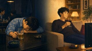 居酒屋でビールを残して潰れた大学時代と、自宅でワインを楽しむ現在を対比したアニメ風イラスト